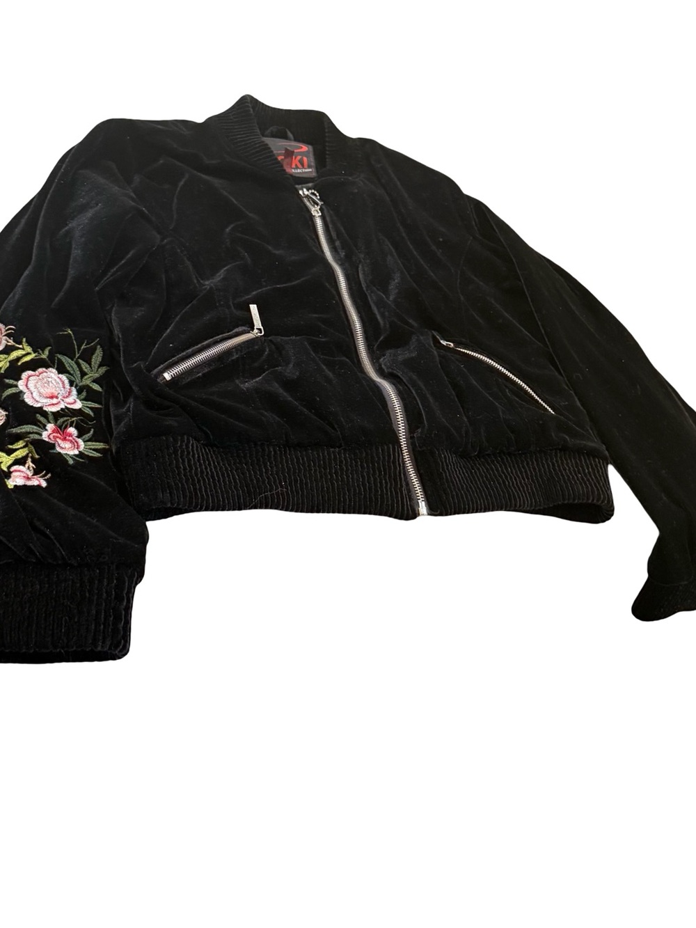 Yoki Black Velvet Bomber Jacket with Floral Sleeve Embroidery